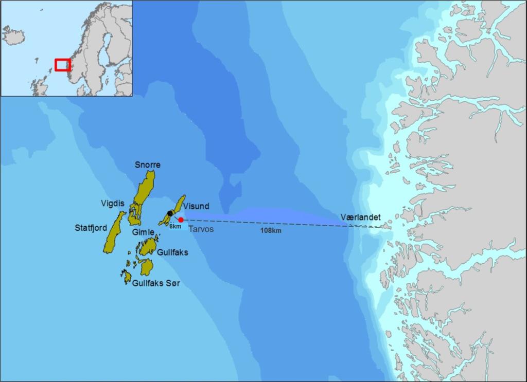 2.3 Aktivitetsbeskrivelse Letebrønn 34/8-16 S Tarvos ligger i Nordsjøen (Figur 2-1). Brønnen ligger ca 108 km fra Værlandet (Sogn og Fjordane). Vanndypet på borelokasjon er 380 m.