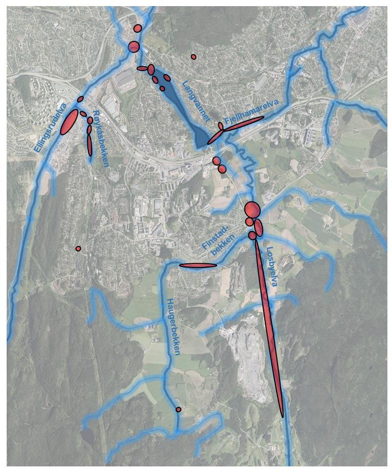 Figur 4: Røde områder illustrerer et utvalg dokumenterte lokaliteter med oversvømmelse av infrastruktur og bebyggelse som følge av regnet 2. 3.september 2015.