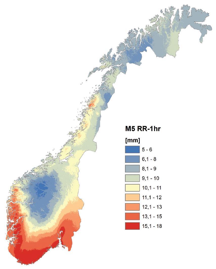 Figur 9: Én-times nedbør [mm] med gjentaksintervall på 5 år (venstre) og tre-times nedbør [mm] med gjentaksintervall på 200 år (høyre). Kartene er hentet fra Klima i Norge 2100 og Førland m.fl.