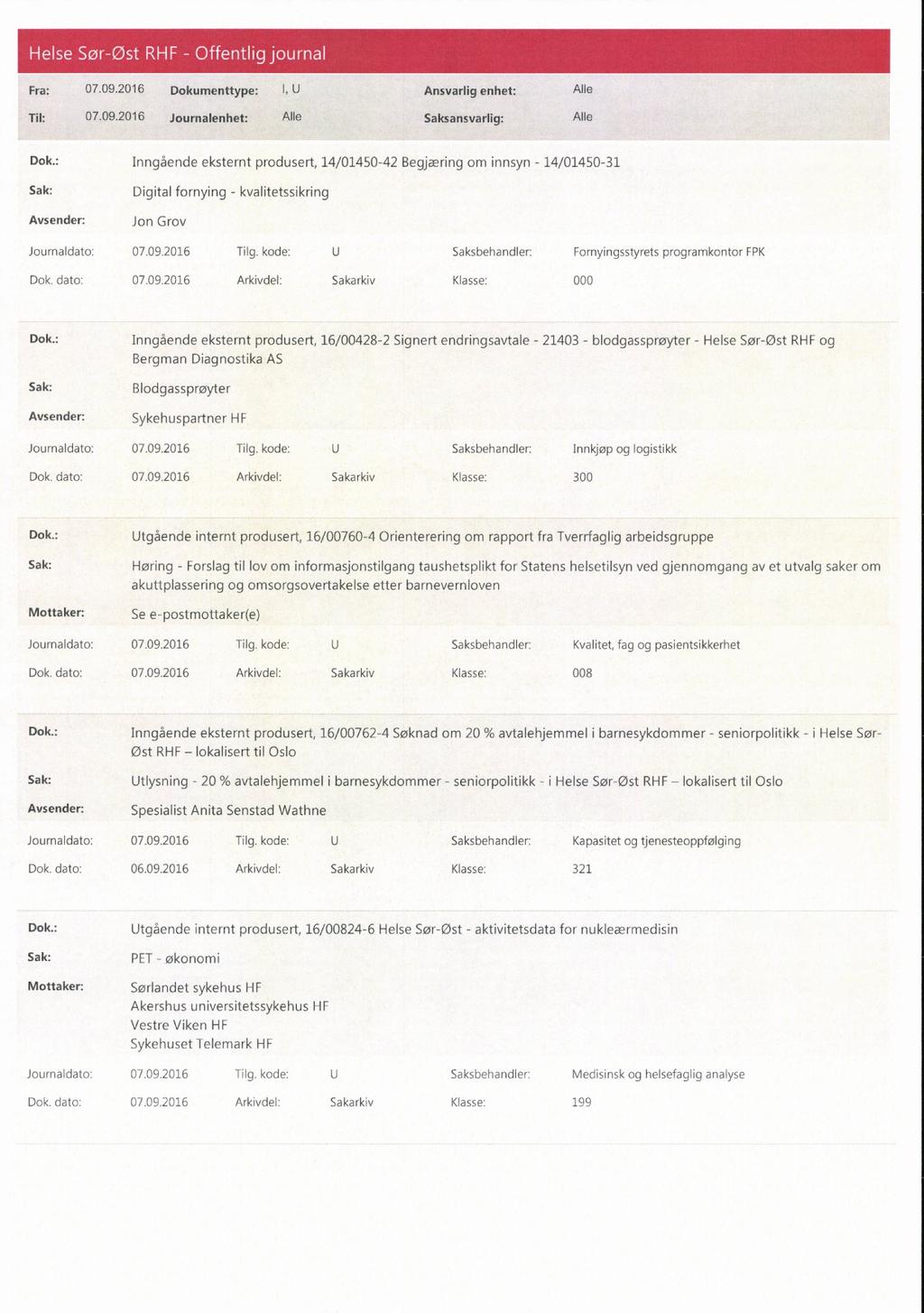 o Fra: 07.09.2016 Dokumenttype: I, U Ansvarlig enhet: Alle Dok.: Inngående eksternt produsert, 14/01450-42 Begjæring om innsyn 14/01450-31 Digital fornying - kvalitetssikring Jon Grov Journaldato: 07.