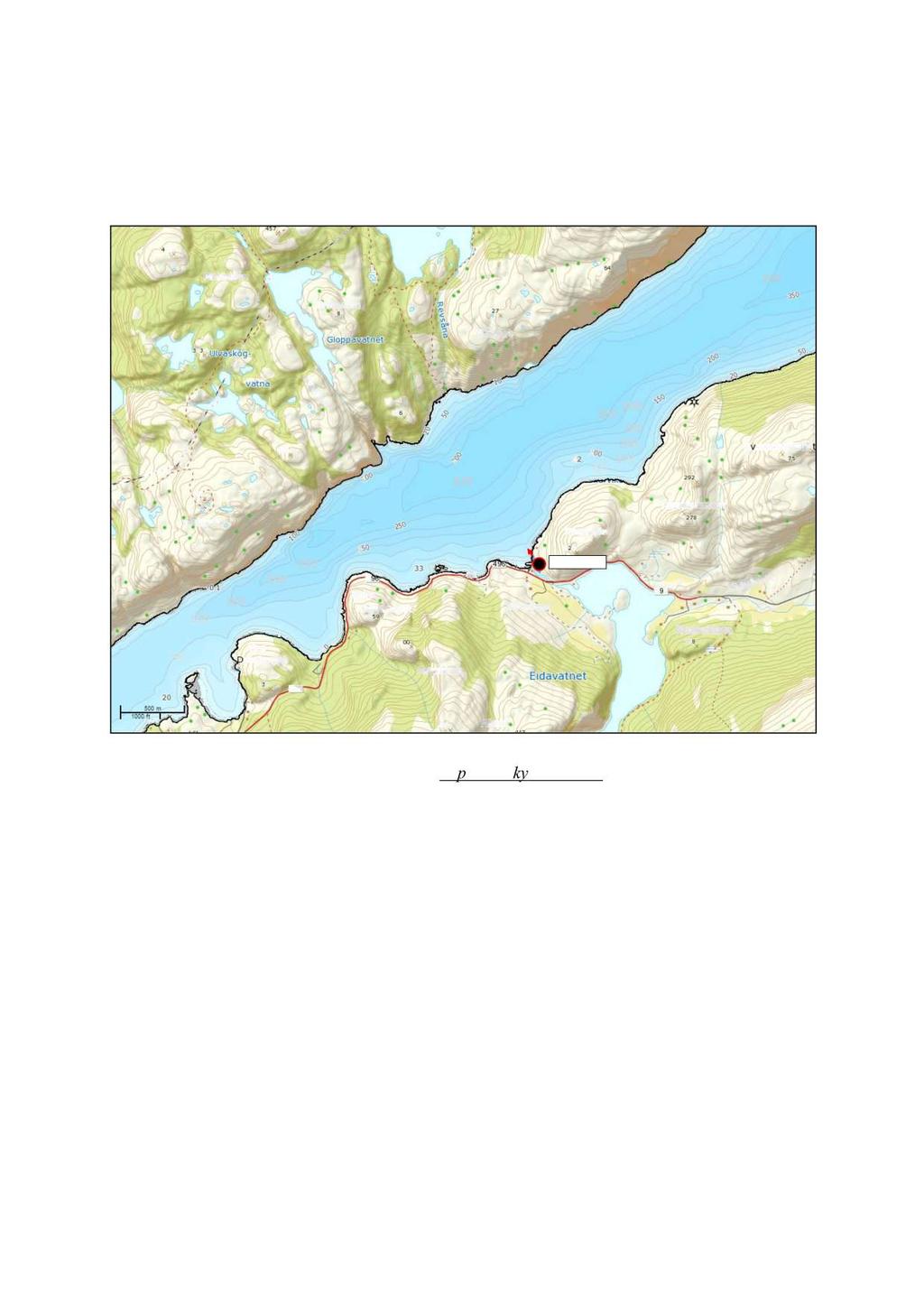 Lysefjorden er ca 1,4 km brei ved lokaliteten, og fjorden djupnast jamt mot nordnordvest frå lokaliteten til ca 339 m djup om lag 850 m nordvest for Eiane ( figur 3 ).
