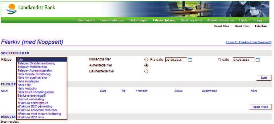 8.3 Filarkiv Funksjonen benyttes til å finne igjen filer som på et tidligere tidspunkt har blitt hentet fra eller sendt til Nettbank Bedrift.
