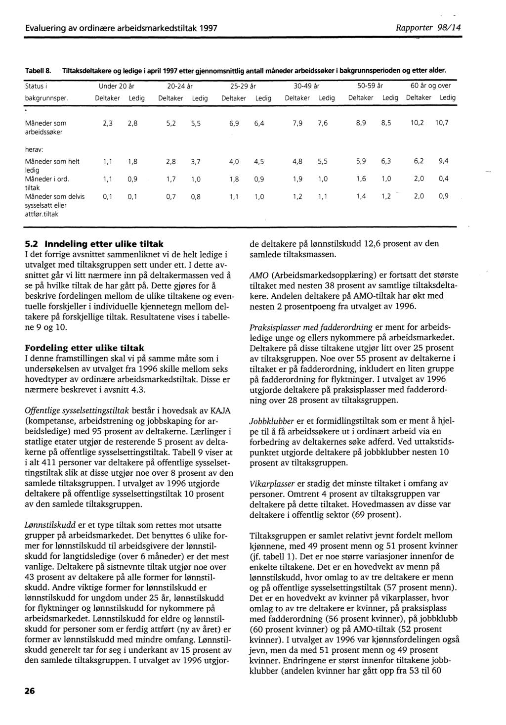 Evaluering av ordinære arbeidsmarkedstiltak 1997 Rapporter 98/14 Tabell 8.
