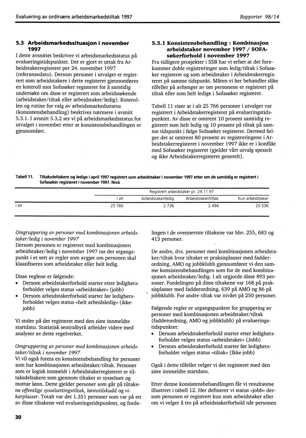 Evaluering av ordinære arbeidsmarkedstiltak 1997 Rapporter 98/14 5.3 Arbeidsmarkedssituasjon i november 1997 I dette avsnittet beskriver vi arbeidsmarkedsstatus på evalueringstidspunktet.