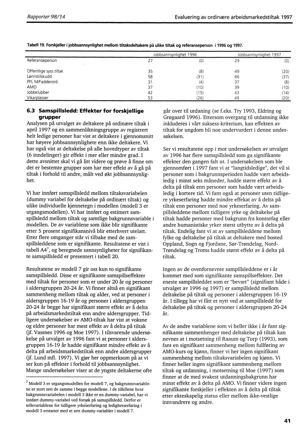Rapporter-98V-14 Evaluering av ordinære arbeidsmarkedstiltak 1997 Tabell 19. Forskjeller i jobbsannsynlighet mellom tiltaksdeltakere på ulike tiltak og referanseperson i 1996 og 1997.