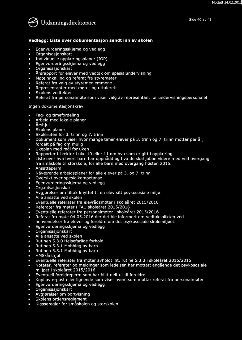 g Utdanningsdirektoratet Side 40 av 41 Vedlegg: Liste over dokumentasjon sendt inn av skolen Egenvurderingsskjema og vedlegg Organisasjonskart Individuelle opplæringsplaner (IOP) Egenvurderingsskjema