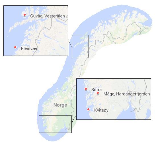 3. Eksperimentelt 3.1. Prøveinnsamling Strandkrabbene (n = 227) ble samlet inn fra Kvitsøy, Sotra og Hardangerfjorden (Måge) i sør, samt Vesterålen (Guvåg) og Fleinvær i nord (figur 3.1.1).