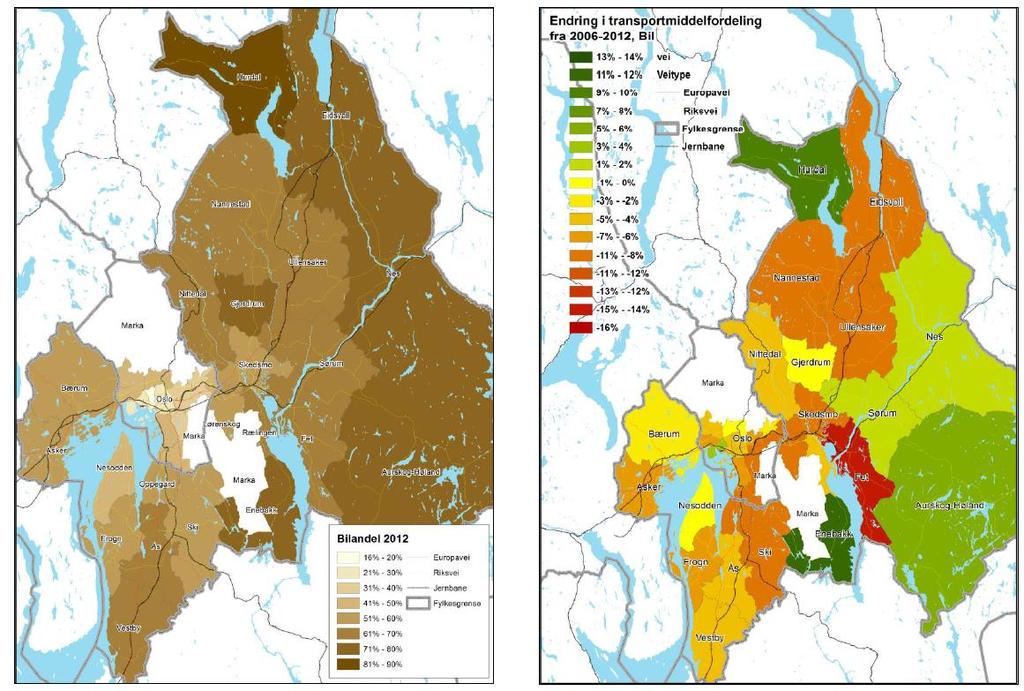 Borgensberget Trafikkanalyse Side 29 Figur 28 : Bilandel av alle typer reiser blant befolkningen i Akershus i 2012, samt endring fra 2006 til 2012 (Kilde : PROSAM-rapport 202) I trafikkanalysen er