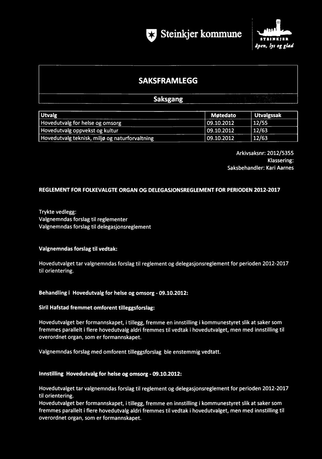 Steinkjer kommune åpen, lys og glad SAKSFRAMLEGG Saksgang Utvalg Møtedato Utvalgssak Hovedutvalg for helse og omsorg 09.10.2012 12/55 Hovedutvalg oppvekst og kultur 09.10.2012 12/63 Hovedutvalg teknisk, miljø og naturforvaltning 09.