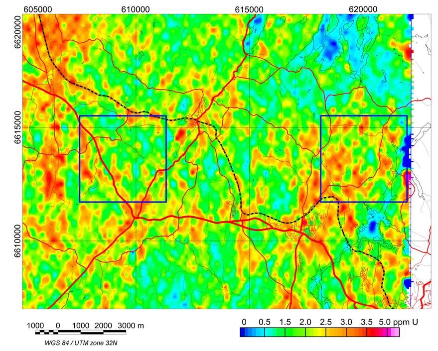 2 3 Figur 7. Beregnet innhold av uran i bakken i Askim-området fra radiometriske målinger med fly (Fugro Airborne Surveys 2003).
