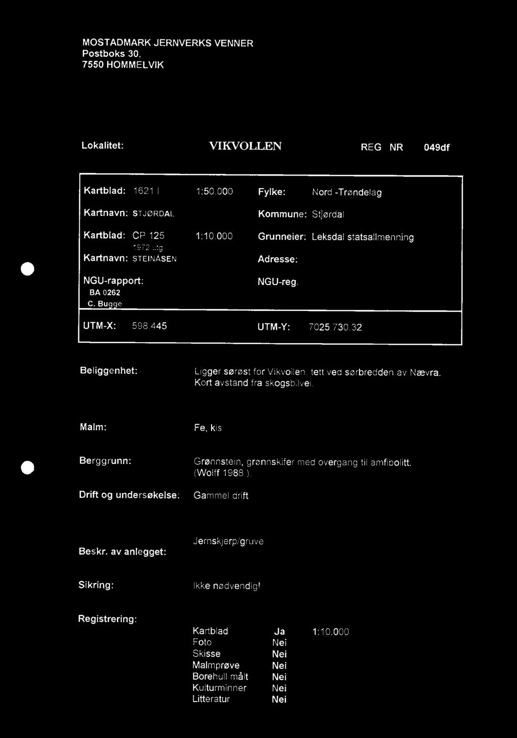 Lokalitet: VIKVOJÅTÅEN REG NR 049df Kartblad: 16211 1:50.000 Fylke: Nord -Trøndelag Kartnavn: STJØRDAL Kommune: Stjørdal Kartblad: CP 125 1:10.000 Grunneier: Leksdal statsallmenning 1972 utg.