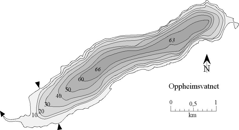 TILSTANDEN I OPPHEIMSVATNET 28 Oppheimsvatnet (NVE-nr 29) ligger 337 moh. oppe i den ene greinen i Vossovassdraget.