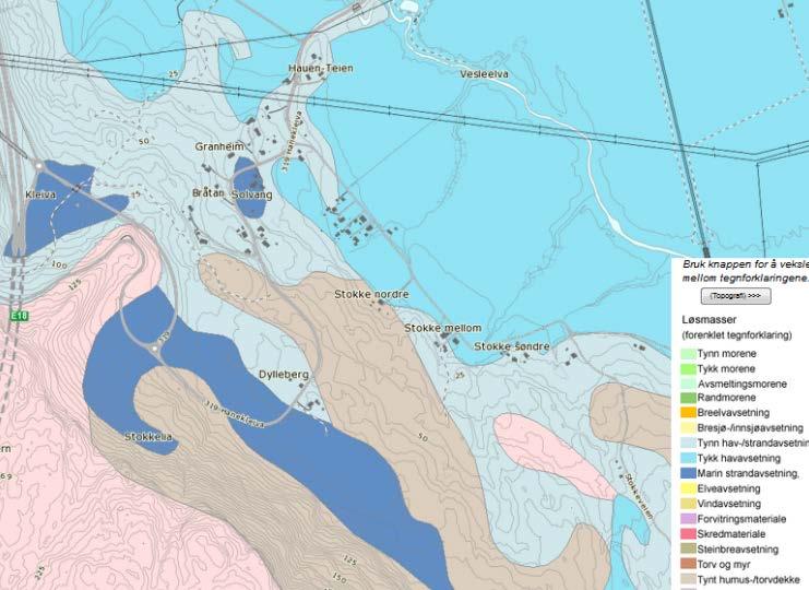 2 Grunnforhold Figur 2 Løsmassekart fra NGUs kartdatabase, aktuelt område avmerket med rødt Løsmassekart fra