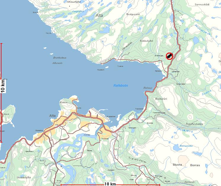 Figur 1: Viser planområdets lokalisering (rød ring). Planstatus: Gjeldende plan for området er Kommuneplanens arealdel for Alta vedtatt 21.06.