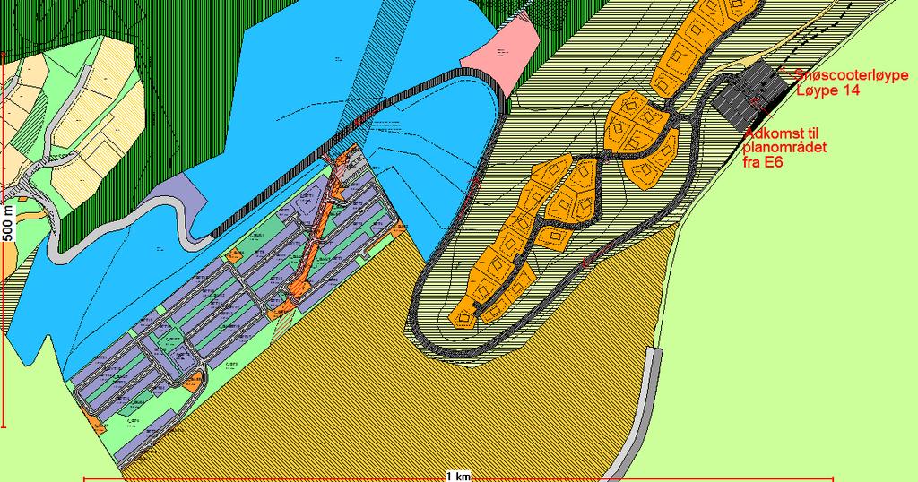 Planforslaget: Adkomst til planområdet: Adkomst til planområdet er ment å gå fra E6 via eksisterende vei som går til Sarves Alta alpinsenter, se kartutsnitt i figur 2 nedenfor som viser adkomsten.