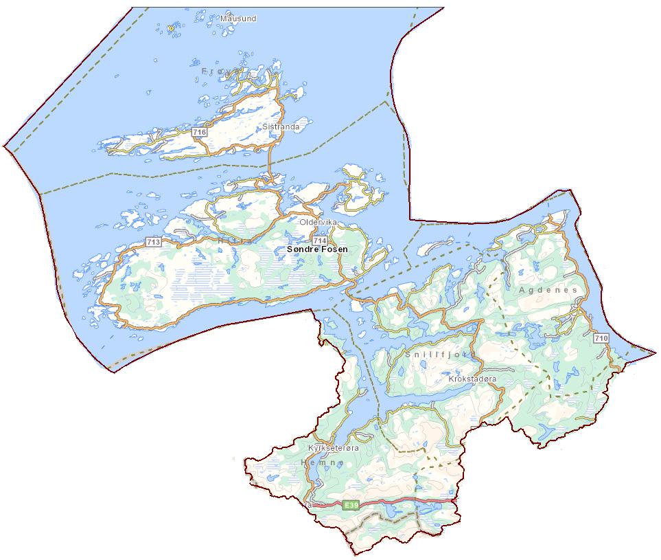 2. Om Søndre Fosen vannområde Søndre Fosen ligger på sørsiden av Trondheimsfjorden, og omfatter fastlandskommunene Snillfjord, Agdenes og Hemne, sammen med de store øykommunene Hitra og Frøya.
