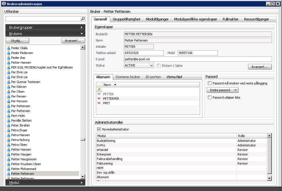 4 BRUKERE 4.1 Brukere Generelt Egenskaper Her ligger hovedfeltene for brukerregistrering. Nye brukere blir som hovedregel opprettet automatisk.
