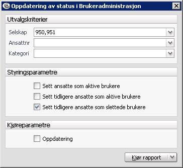 I HRM ligger rapporten Oppdatering av status i Brukeradministrasjon. Felt Forklaring Sett ansatte som aktive brukere Endrer status fra passiv til aktiv.