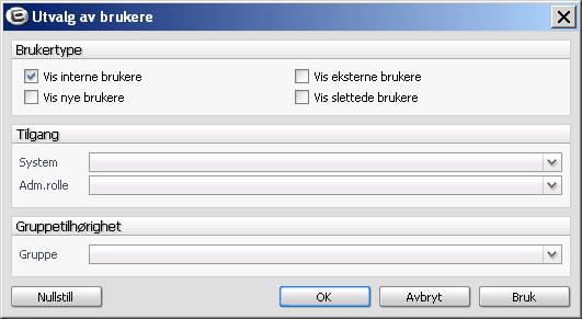 Utvalg I fanen Brukere ligger knappen Utvalg. Denne kan brukes til å hente fram ulike utvalg av brukere.