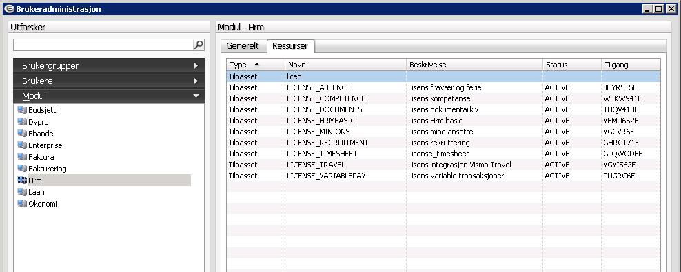 Lisenser til HRM og web-modulen. Lisenser legges også inn under Tilpassede ressurser. De er på formen LICENSE_xxxxx, der xxxxx angir navn på en modul i HRM.