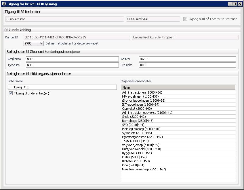 Velg enhetsrolle, leder eller BI-tilgang. Deretter vil organisasonsenheter vises i bildet på høyre side.