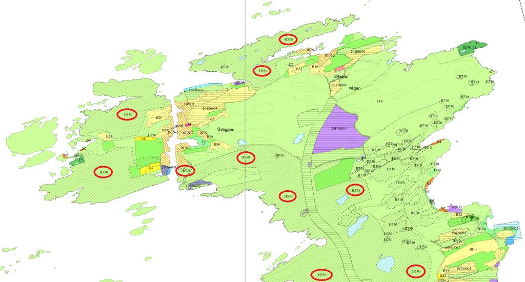 Utsnitt fra KPA 2016-2028 hvor viktige områder for Friluftsliv er markert med skravur for hensynssone H530. (Innringet med rødt på kartet) 3.3 Hensynssone Friluftsliv H530 (pbl.