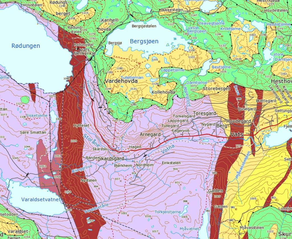 Enkel problemkartlegging og tiltaksanalyse for vassførekomsten Storåne - Votna 13 Geologi bergrunn og lausmasser I området er grunnfjellet dekt av omdanna kambrosiluriske sedimentlag (fyllitt), og