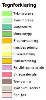 Lausmassane i dei øvre delane av nedbørfeltet har hovudsakleg ulik mektigheit av morenemassar.