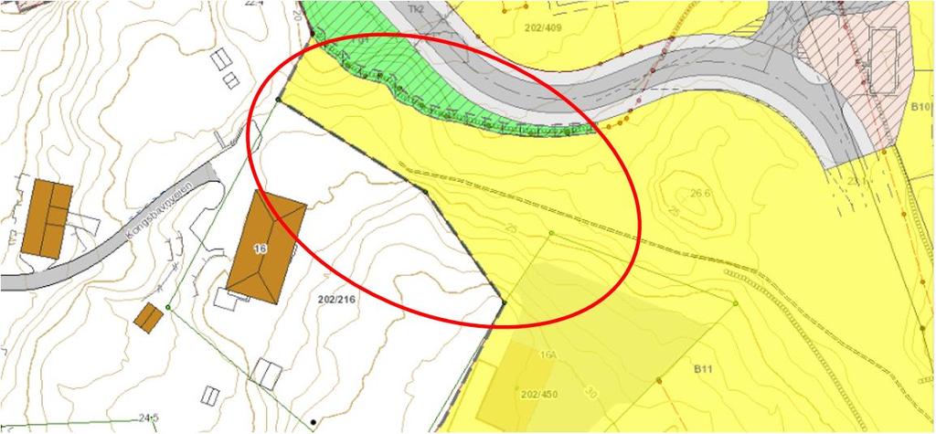Fig.3 Parsellen blir liggende som gult byggeområde, i stedet for grønnstruktur. For dette området vil det fremdeles være krav om detaljplan.