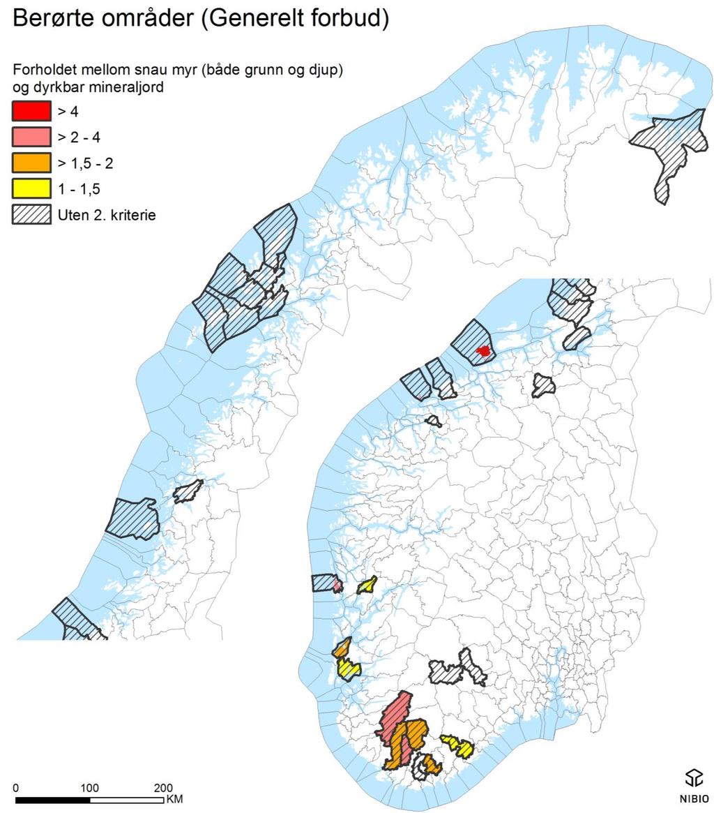 Figur 4. Geografisk oversikt over de kommuner som anses som berørt av restriksjoner mot et generelt forbud av nydyrking av myr. Kommuner markert med mønstret er dem som ikke oppfyller 2.