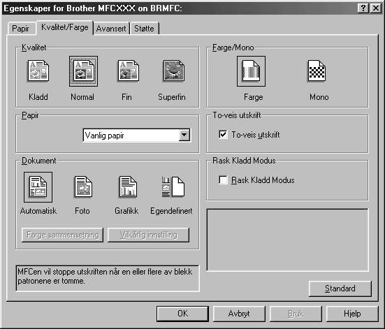 Kategorien Kvalitet/Farge Skjermbildet i kategorien Kvalitet/Farge gir deg anledning til å angi Kvalitet, Papir-type, Dokument-type, Farge/Mono-innstillinger, To-veis utskrift-innstillinger og Rask
