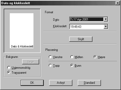 For å ta med bakgrunn med dato og klokkeslett, velg Ugjennomsiktig. Når Ugjennomsiktig er valgt kan du klikke farge knappen for å endre farge i dato og tid bakgrunnen.