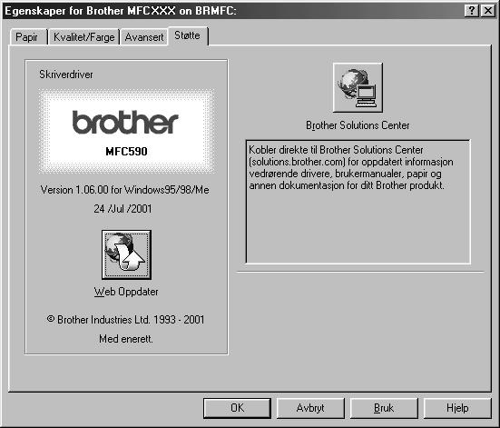 Support-kategorien Støtte fanen gir info on driverversjon. I tillegg er det lenker til Brother Solution Center og Driver Update nettsider.