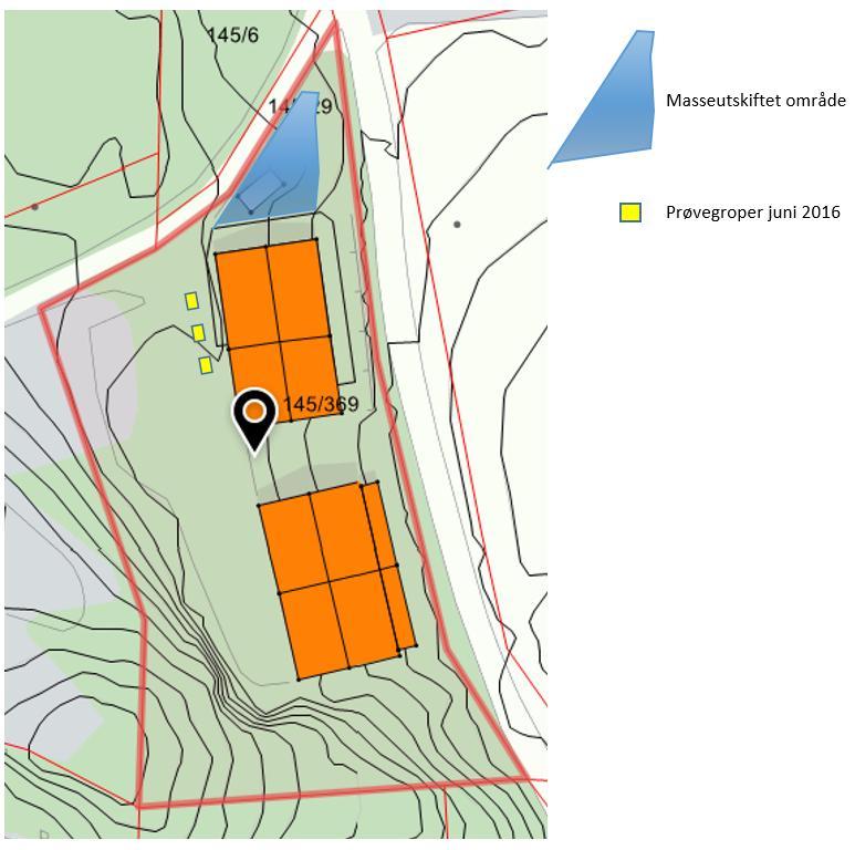 Figur 1-3. Oversikt over omtrentlig utskiftning av masser ned til fjell markert med blått, samt 3 prøvegroper ca.1*2 meter markert med gult. Kilde: fonnakart.no.