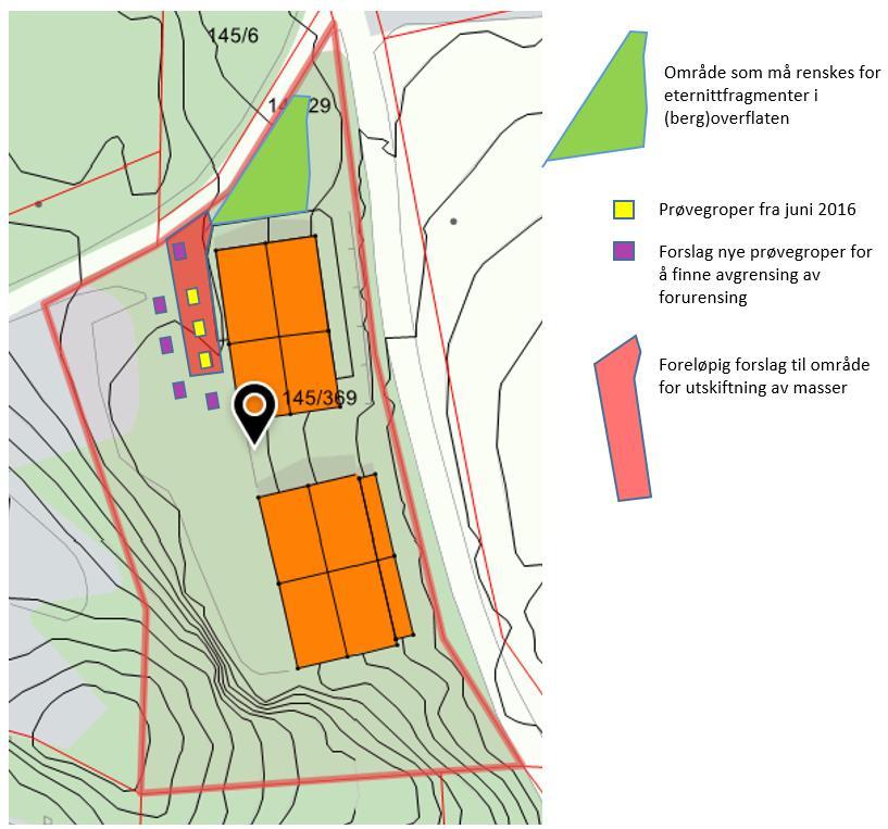 Figur 2-4. Oversikt over antatt område for utskiftning av eternittholdige masser, i antatt dybde ca. 0,5-1m, eventuelt til berg, samt forslag til fem nye prøvegroper, ca.1*2 meter, markert med lilla.