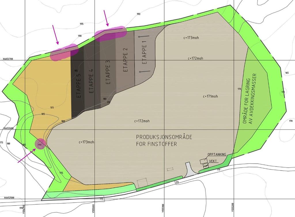 T ILLEGGSOPPLYSNINGER DRIFTSPLAN FOR LANGSRUDÅSEN PUKKVERK 2 Uttaksetapper og terrengnivå. Piler markerer steder i pukkverksområdet hvor terrenget ligger på 190 moh.