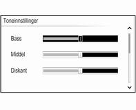 Grunnleggende betjening 111 Stille inn bass, mellomtone og diskant Bla gjennom listen og trykk på MENU for å aktivere Bass, Middel eller Diskant. Drei MENU for å justere innstillingen etter behov.
