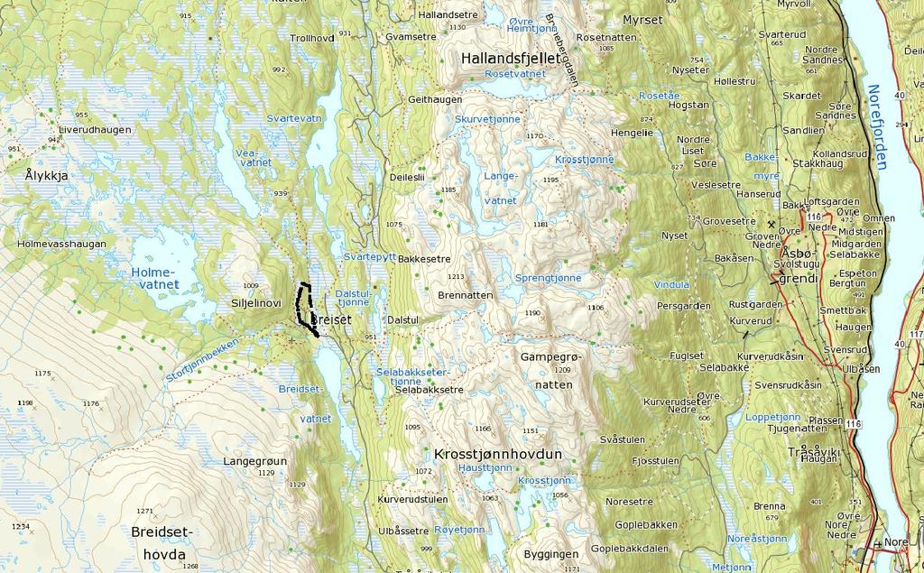 4. Beskrivelse av planområdet, eksisterende forhold 4.1 Områdeavgrensning og lokalisering Planområdet ligger på ca. 870-900 moh. ved Breiset i Nore og Uvdal kommune.