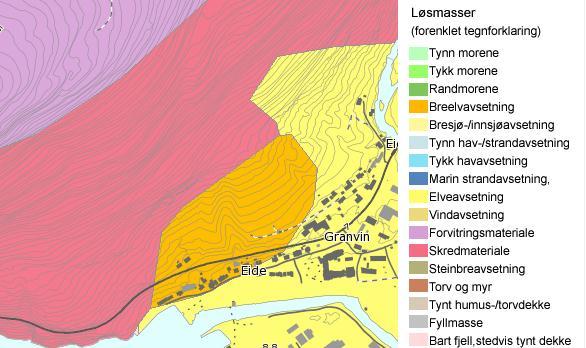 SKREDFAREVURDERING FOR REGULERINGSPLAN PÅ STASJONSOMRÅDET, GRANVIN HERAD 6 5.2 Grunntilhøve, drenering og vegetasjon Bergarten i planområdet er kvartsdioritt.