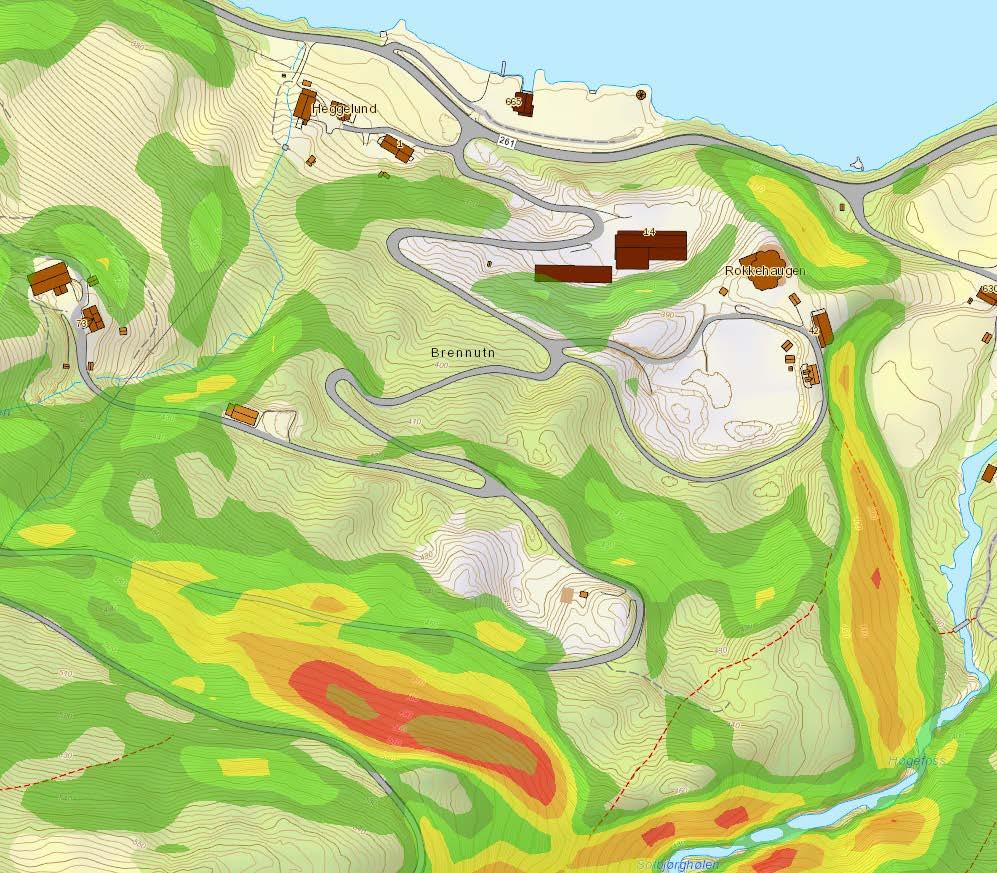 Side: 9 Figur 8 Helningskart før siste planering og utfylling Snøskred Aktsomhetskart for snøskred (Figur 3) viser teoretisk utløp av tørre snøskred.