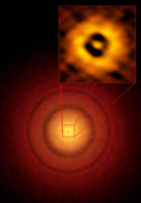 Figur 5. Unge stjerner fotografert med protoplanetariske disker bestående av støv og gass som er i ferd med å omdannes til planeter. Til venstre: Den unge stjernen TW Hydrae 176 lysår fra jorden.