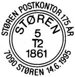 1992 BM Forminsket stempelavtrykk STØREN POSTKONTOR 180 ÅR STØREN Reg