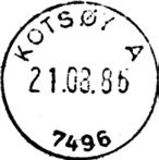 ? Registrert brukt fra 17 XI 24 HAa til 27 XII 57 KjA Stempel nr. 3 Type: I22 Fra gravør 22.12.1959 Stempel nr. 7 Type: I24 Utsendt?? KOTSØY A Innsendt?? 7494 SINGSÅS Registrert brukt fra 10.07.