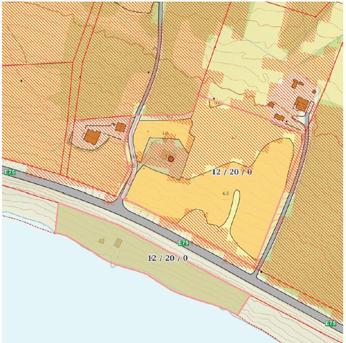 Bilde 3: Dyrkbar jord på gnr/bnr 12/20 Kilde: http://gardskart.skogoglandskap.no/ Formålet med delingssøknaden er fradeling av boligtomt for salg til hjemmelshavers bror.