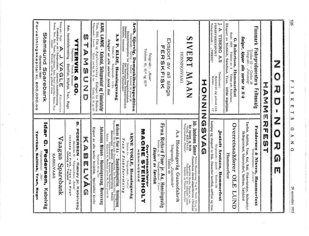 526 FS K E TS o A N O 29 november 933 ~ N o i... o N o R G E 5... 'ili! Æ 't. ~! HAMM Finnmark Fiskeprodusenters Fellessarg Telefon 42 Chefen 38 FEST Feddersen & Nissen, Har'ltnerfest Telegr amadresse :.