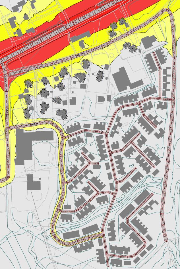 Figur 4 viser dagens situasjon (med fremskrevne trafikktall), mens Figur 5 viser situasjon med fremtidig utbygging av Bruholmsjordet med i underkant av 200 enheter.