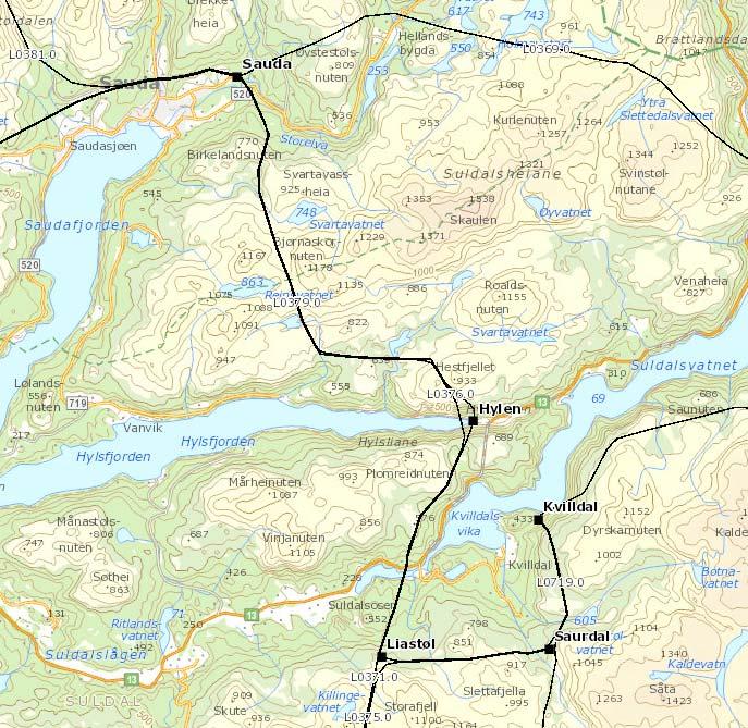 1.5. Anleggets beliggenhet Sauda transformatorstasjon ligger i Sauda kommune i Rogaland fylke. 300(420) kv-ledningen Sauda-Saurdal ligger i Sauda og Suldal kommuner i Rogaland fylke. Figur 2.