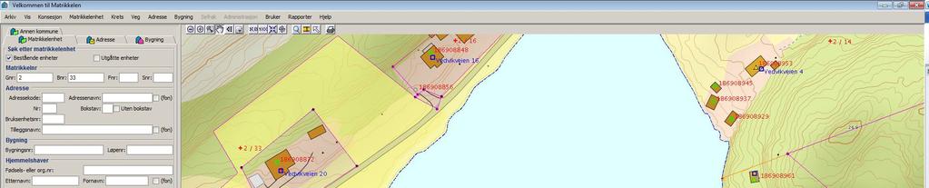 Kart fra matrikkel over området hvor tiltaket ønskes gjennomført gnr 2 bnr 15 og 33 Det søkes også om tiltak på land, en landgang samt en enkel sti. Landgangen fra flytebrygge til sti er ca 62. meter.