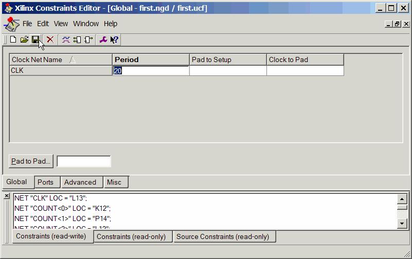 Vi skal nå nøye oss med å legge til et timing constraint, nemlig perioden på CLK. På kortet er det en klokkeoscillator på 50MHz, så det er naturlig å velge en periodetid på 20 (ns).