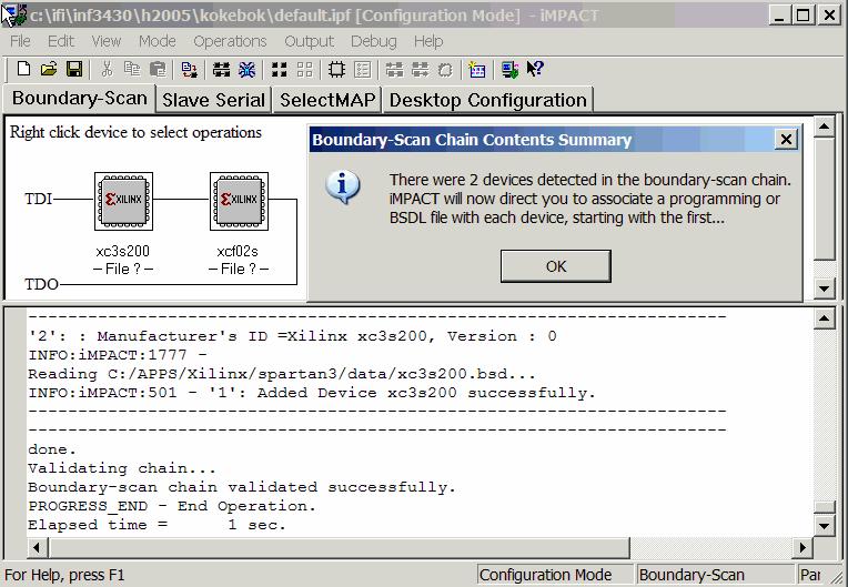 Figur 37 Figur 38 Programmeringsfilen (bitstream) for FPGA-en ble generert da vi startet impact-prosessen, og heter first.bit. Så i neste trinn assosierer vi denne filen med FPGA-en.